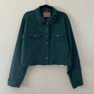 NWT Judy Blue Teal Cropped Denim Jacket Women's 3XL Raw Hem Button Front